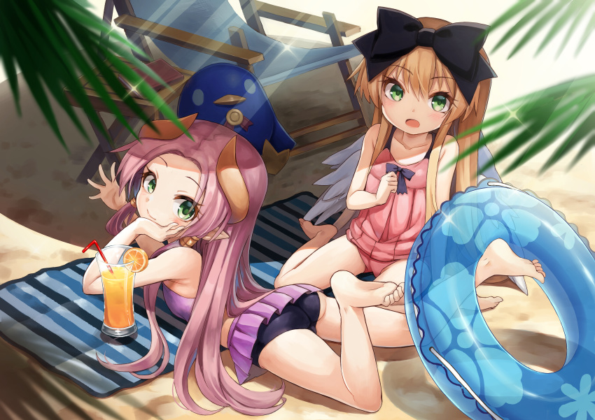2girls, absurdres, aruma_(shinrabanshou), bare_legs, barefoot, beach, blonde_hair, day