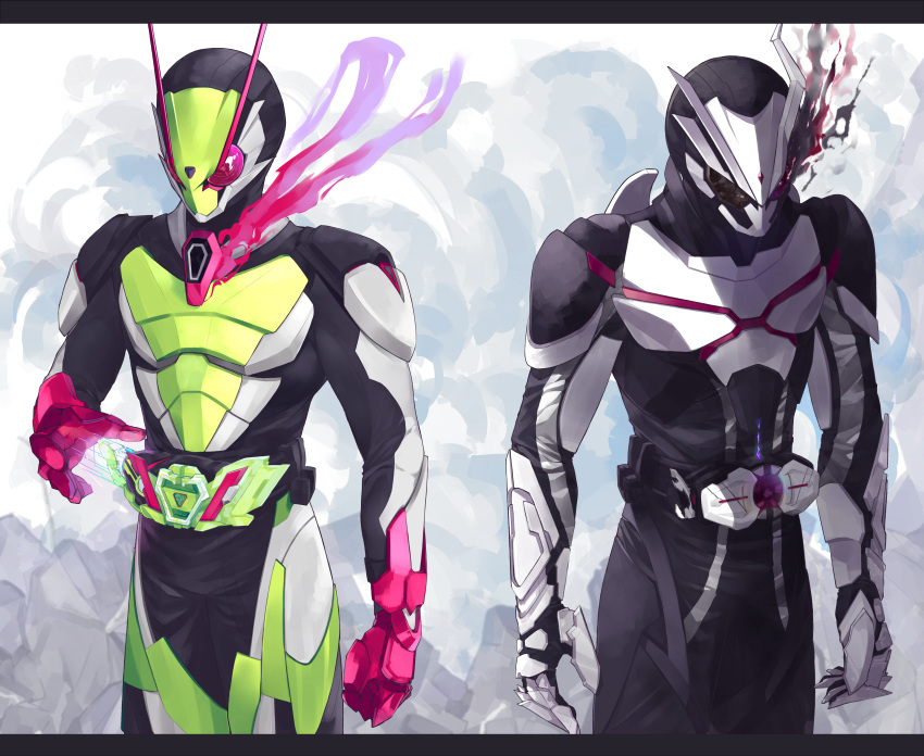2boys, absurdres, antennae, armor, compound_eyes, dark_persona, helmet, highres