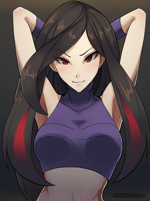 1girl, armpits, arms_behind_head, arms_up, artist_name, azami_(pokemon), bare_shoulders, breasts