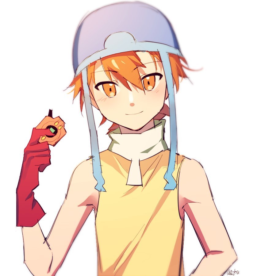 1boy, blue_helmet, blush, closed_mouth, commentary, digimon, digimon_adventure, digivice