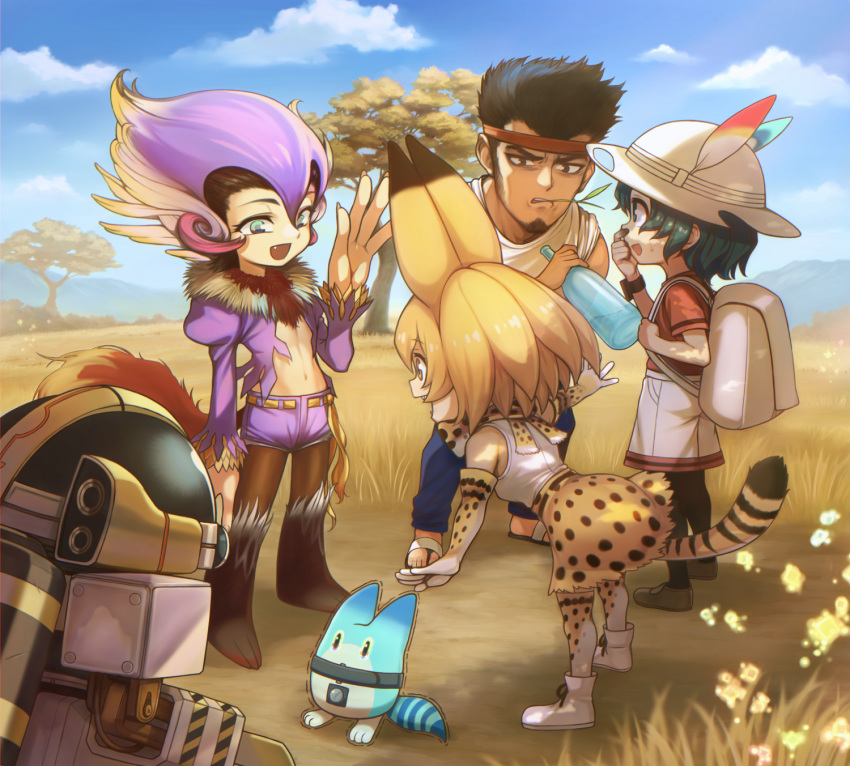 2girls, animal_ears, backpack, bag, bajima_shouhei, black_hair, blonde_hair, breasts