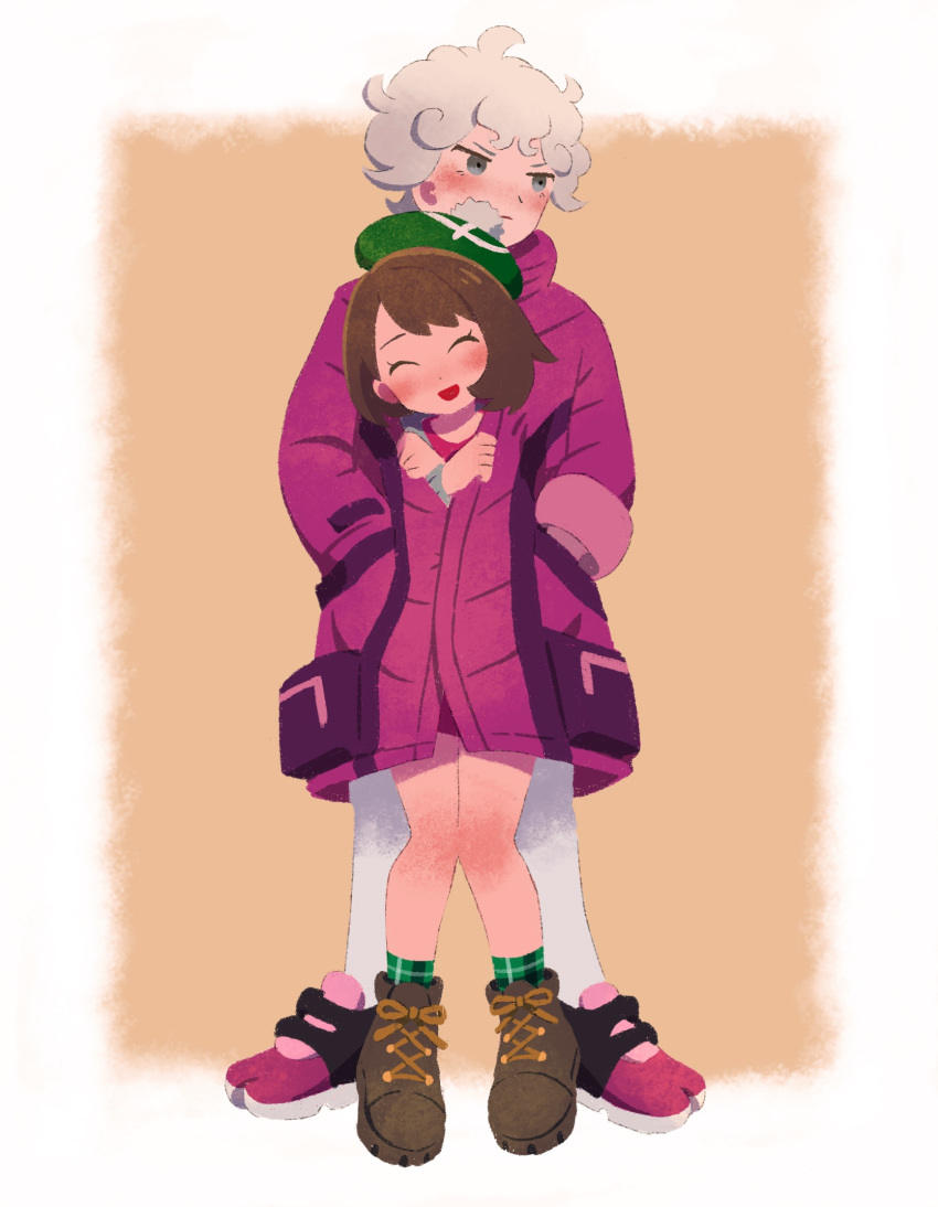 1boy, 1girl, bangs, beet_(pokemon), blush, bob_cut, boots, brown_background