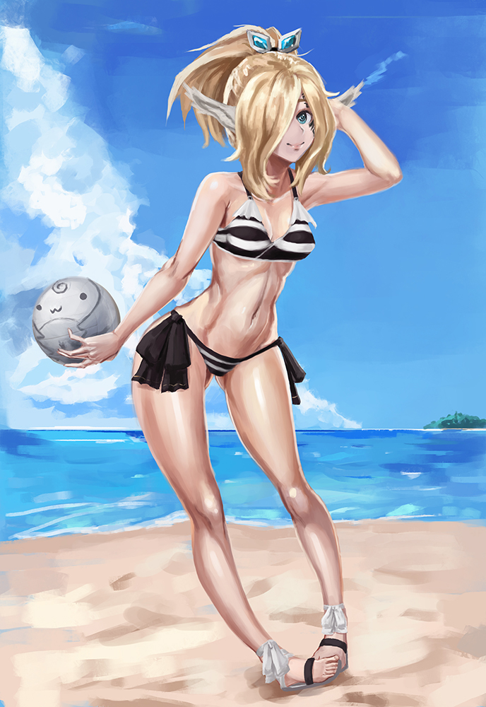 1girl, ass_visible_through_thighs, ball, beach, beachball, bikini, blonde_hair, breasts