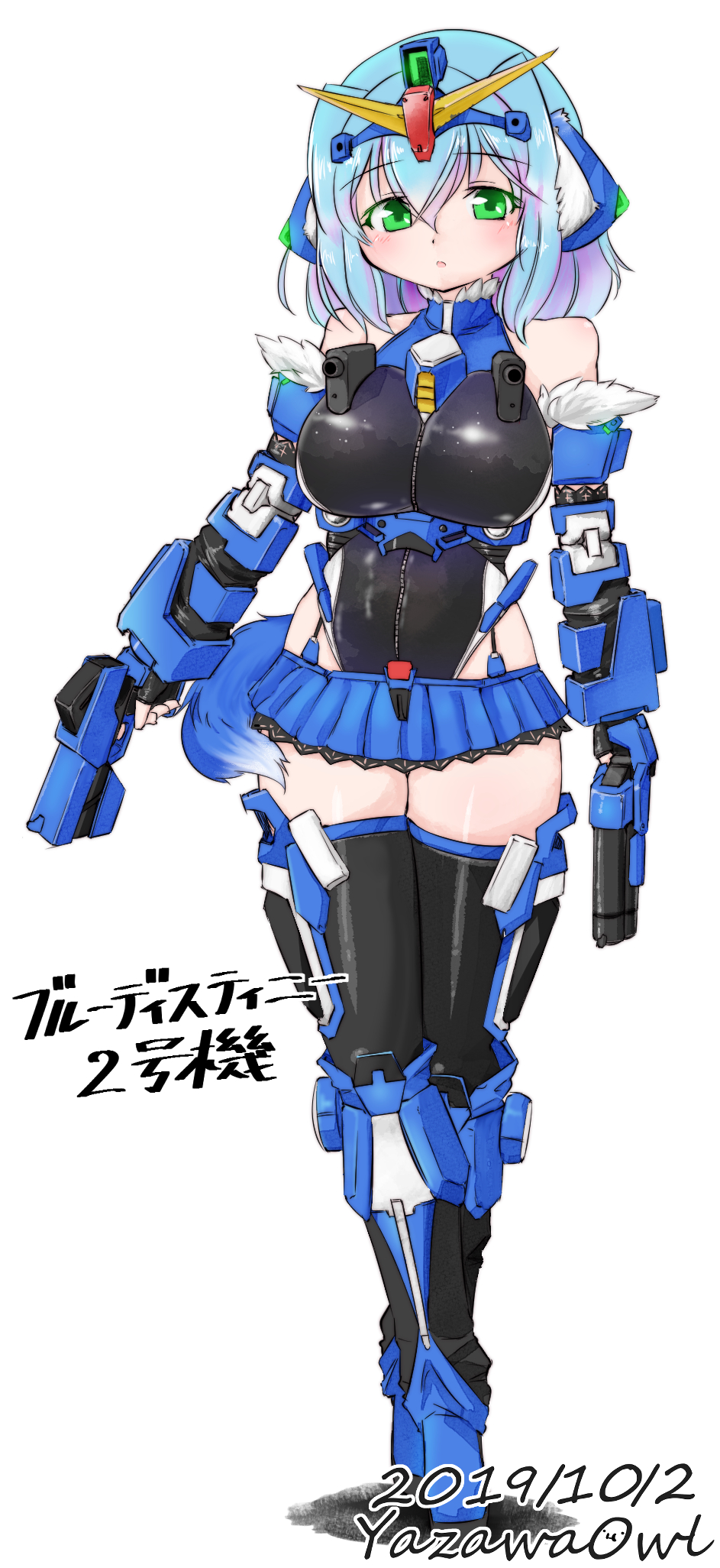 1girl, :o, blue_destiny_02, blue_hair, breasts, dual_wielding, eyebrows_visible_through_hair, fingerless_gloves
