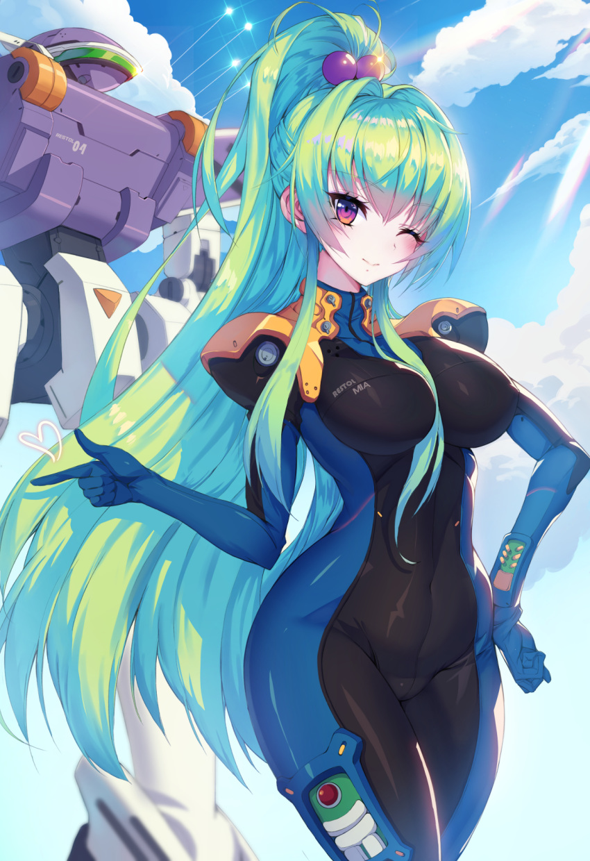 1girl, ;), bangs, blue_sky, blush, breasts, closed_mouth, clouds