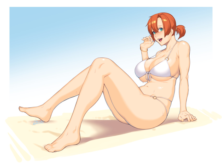 1girl, bikini, blue_eyes, blush, boudica_(fate/grand_order), bracelet, breasts, dyun