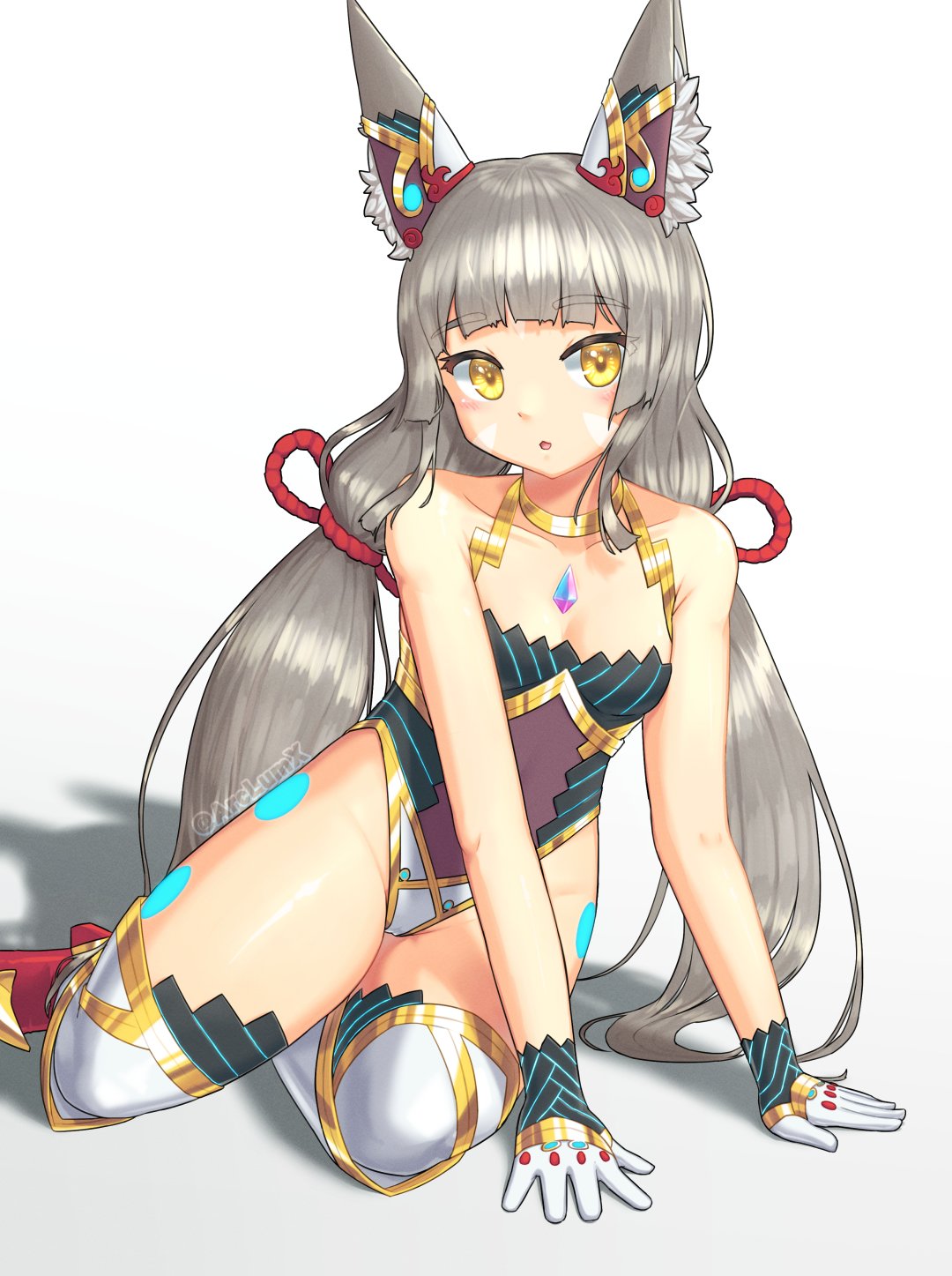 1girl, animal_ears, arclumx, bare_arms, breasts, chest_jewel, facial_mark, full_body