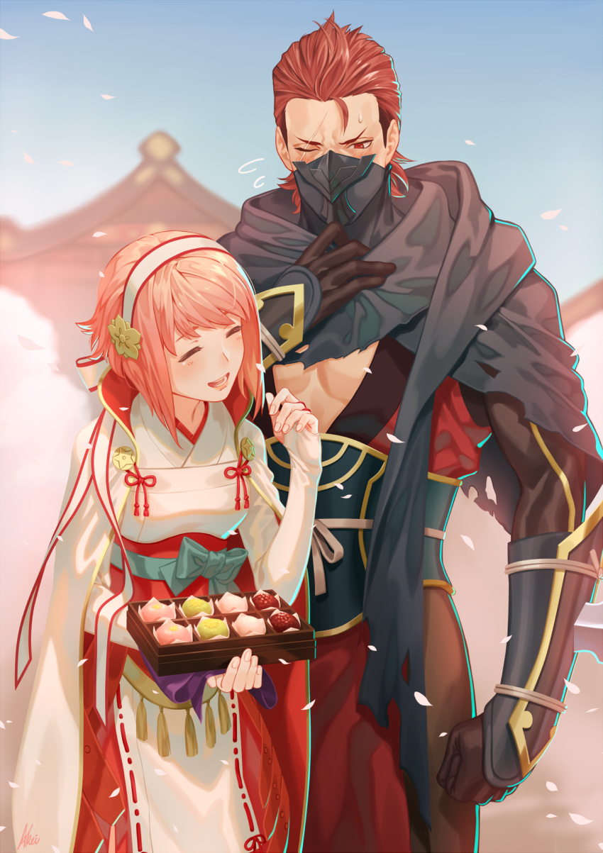 1boy, 1girl, =_=, arm_at_side, armor, artist_name, black_scarf, blurry