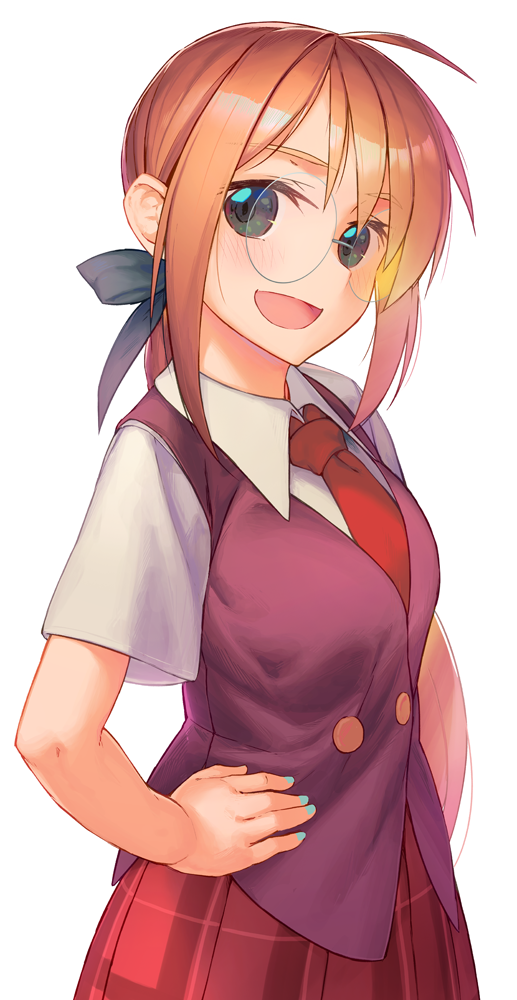 1girl, :d, bangs, blue_nails, blue_ribbon, blush, breasts, collared_shirt, commentary_request, eyebrows_visible_through_hair, glasses, green_eyes, hair_ribbon, hand_on_hip, hasegawa_chisame, light_brown_hair, long_hair, looking_at_viewer, mahora_academy_middle_school_uniform, mahou_sensei_negima!, nail_polish, necktie, open_mouth, plaid, plaid_skirt, ponytail, purple_vest, red_neckwear, red_skirt, ribbon, rotix, round_eyewear, school_uniform, shirt, simple_background, skirt, smile, solo, standing, vest, white_background, white_shirt