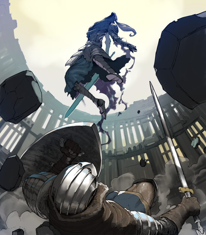 1boy, 1other, armor, armored_dress, artorias_the_abysswalker, battle, breastplate, brown_capelet, brown_gloves, capelet, chosen_undead, commentary_request, dark_souls, debris, dust_cloud, faulds, full_armor, full_body, gauntlets, gloves, greatsword, greaves, helmet, holding, holding_shield, holding_sword, holding_weapon, hood, jumping, knight, looking_at_another, looking_up, lying, on_back, on_floor, outdoors, pauldrons, plume, shield, shoulder_armor, sky, souls_(from_software), sword, tetuhei, weapon