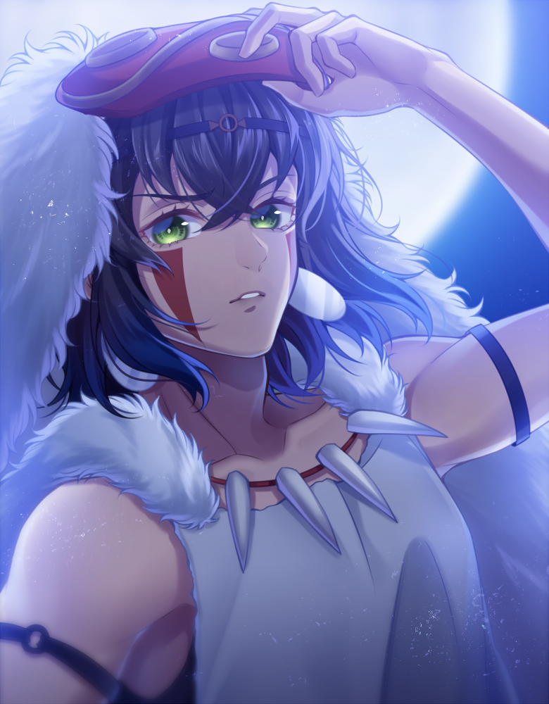 1boy, androgynous, arm_strap, bangs, black_hair, blurry, blurry_background, collarbone