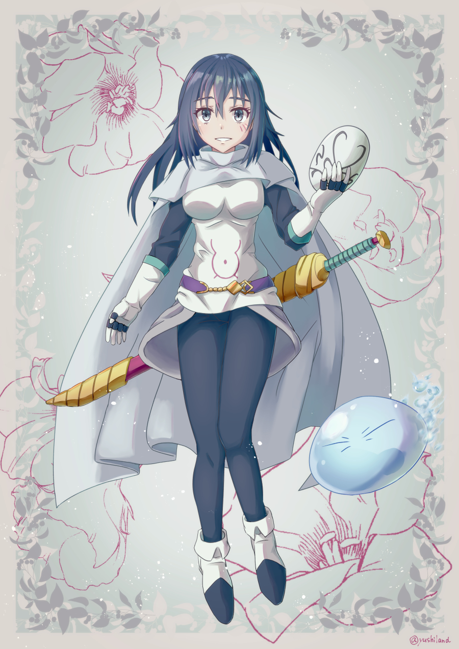 1girl, bangs, black_hair, black_pants, floating_hair, full_body, gloves, grey_eyes
