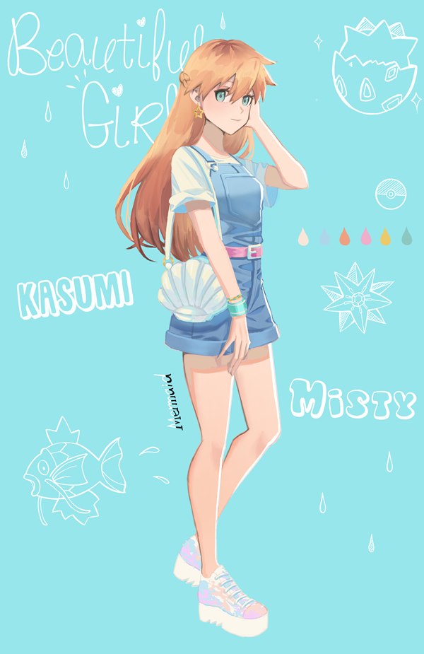 1girl, ak1, aqua_eyes, bangs, belt, belt_buckle, blue_background, blue_overalls, blue_shorts, braid, brown_hair, buckle, character_name, closed_mouth, earrings, french_braid, full_body, hair_between_eyes, hand_in_hair, jewelry, long_hair, magikarp, misty_(pokemon), overall_shorts, pink_belt, pokemon, pokemon_(game), pokemon_rgby, shiny, shiny_hair, short_shorts, short_sleeves, shorts, smile, solo, standing, star_(symbol), star_earrings, starmie, togepi, very_long_hair, wristband