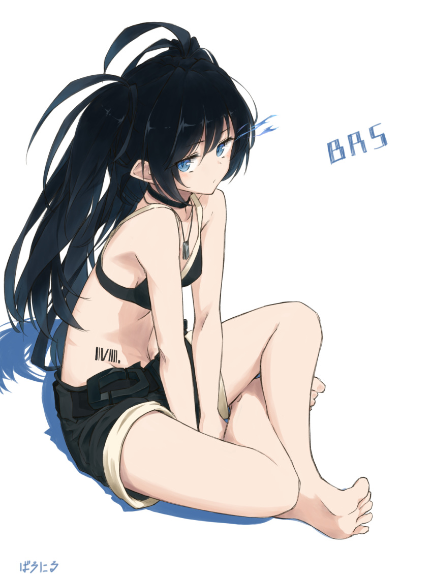 1girl, bangs, barefoot, baronilu, between_legs, black_bra, black_choker, black_hair, black_ribbon, black_rock_shooter, black_rock_shooter_(character), black_shorts, blue_eyes, blue_fire, bra, breasts, character_name, choker, collarbone, copyright_name, eyebrows_visible_through_hair, fire, flaming_eye, floating_hair, groin, hair_between_eyes, hair_ribbon, hand_between_legs, highres, jewelry, long_hair, midriff, navel, necklace, ribbon, shadow, shiny, shiny_hair, short_shorts, shorts, simple_background, sitting, small_breasts, soles, solo, stomach, twintails, underwear, very_long_hair, white_background