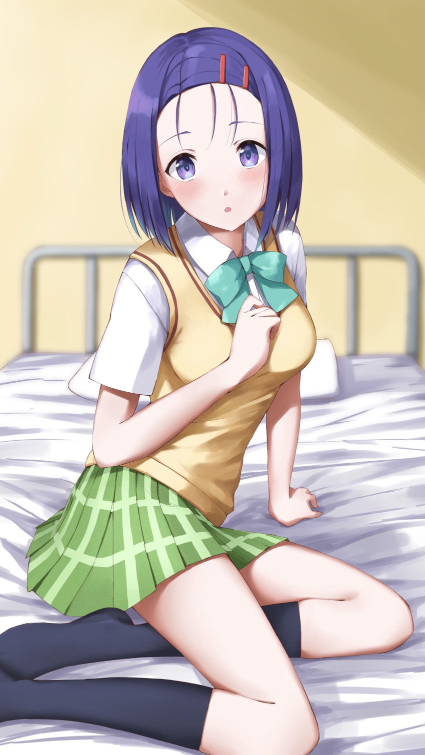 1girl, absurdres, aqua_neckwear, arm_support, bed, black_legwear, blue_hair, blurry