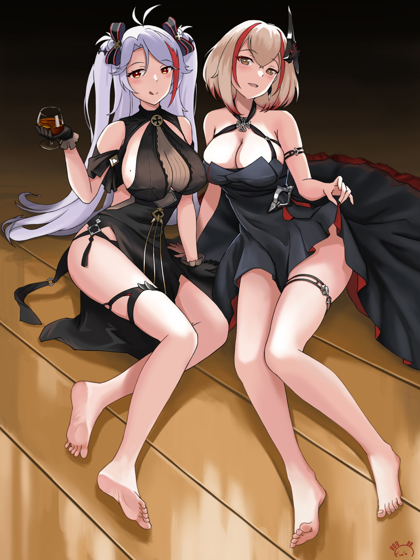2girls, absurdres, alcohol, antenna_hair, azur_lane, bare_legs, barefoot, blonde_hair, breasts, brown_eyes, cup, drinking_glass, feet, german_flag, headgear, highres, iron_cross, meatbun_33, mechanical_hands, mole, mole_on_breast, multicolored_hair, multiple_girls, prinz_eugen_(azur_lane), redhead, roon_(azur_lane), silver_hair, streaked_hair, thighs, two_side_up, wine, wine_glass