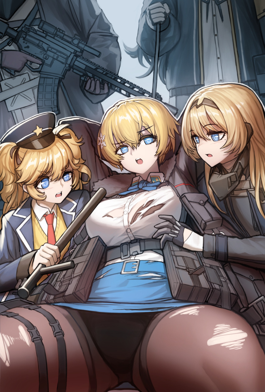 5girls, an-94_(girls_frontline), ar-15, arms_behind_head, assault_rifle, bangs, belt, black_bra