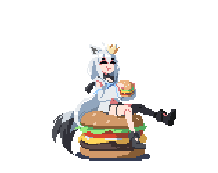 1girl, ahoge, animal_ears, animated, animated_gif, black_footwear, blue_eyes, boots, detached_sleeves, eating, food, fox_ears, fox_girl, fox_tail, full_body, hair_between_eyes, hamburger, holding, holding_food, hololive, kaynimatic, long_hair, lowres, pixel_art, ponytail, shirakami_fubuki, shirt, single_thighhigh, sitting, sitting_on_food, solo, swinging_legs, tail, tail_wagging, thigh-highs, transparent_background, very_long_hair, virtual_youtuber, white_hair, white_shirt, wide_sleeves