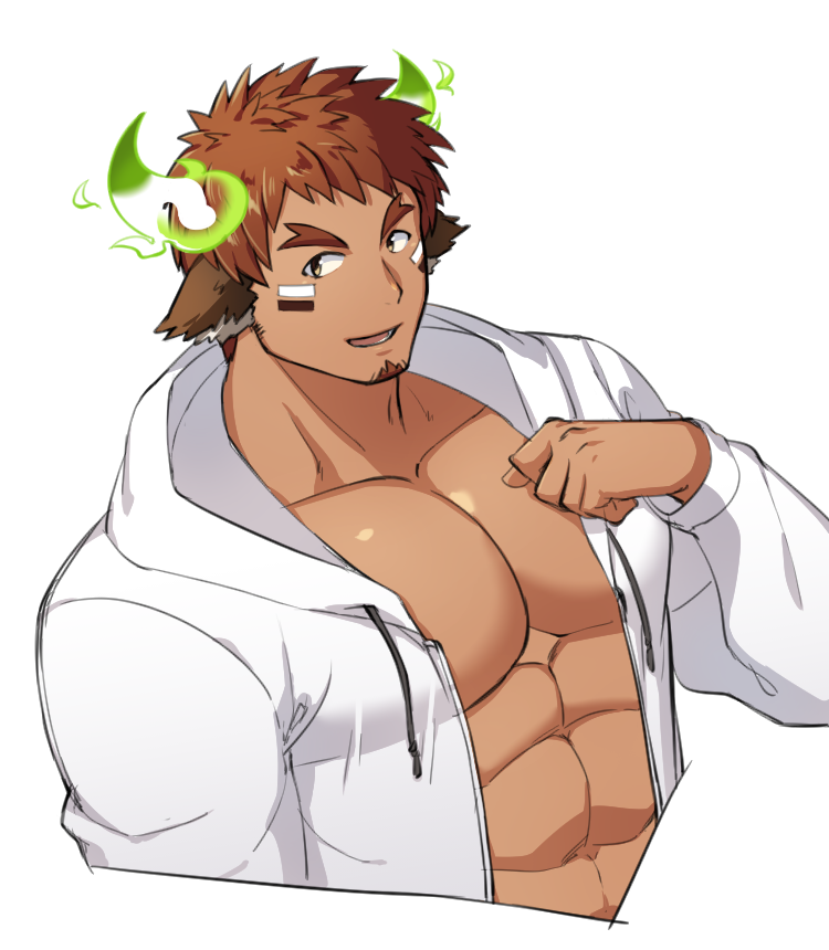 1boy, animal_ears, asutarou, bangs, bara, brown_hair, chest, facial_hair