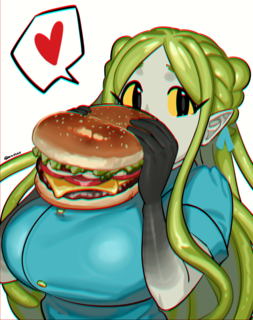 1girl, absurdres, bangs, black_eyes, black_skin, blue_ribbon, breasts, buttons, commentary, english_commentary, food, green_hair, grey_skin, hair_ribbon, hamburger, heart, highres, huge_breasts, long_hair, monster_girl, nia4294, original, parted_bangs, pointy_ears, ribbon, side_braids, solo, spoken_heart, twitter_username, two-tone_skin, yellow_sclera