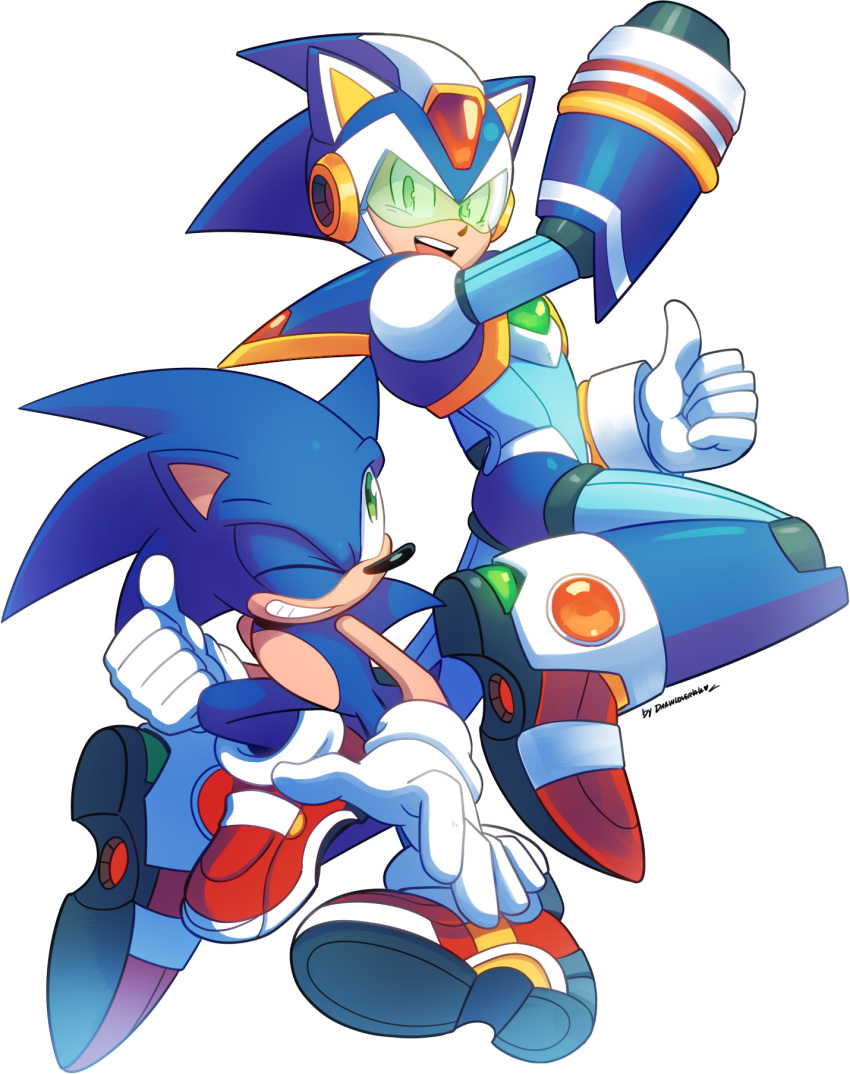 2boys, alternate_costume, alternate_form, animal_nose, arm_cannon, back-to-back, capcom, commentary