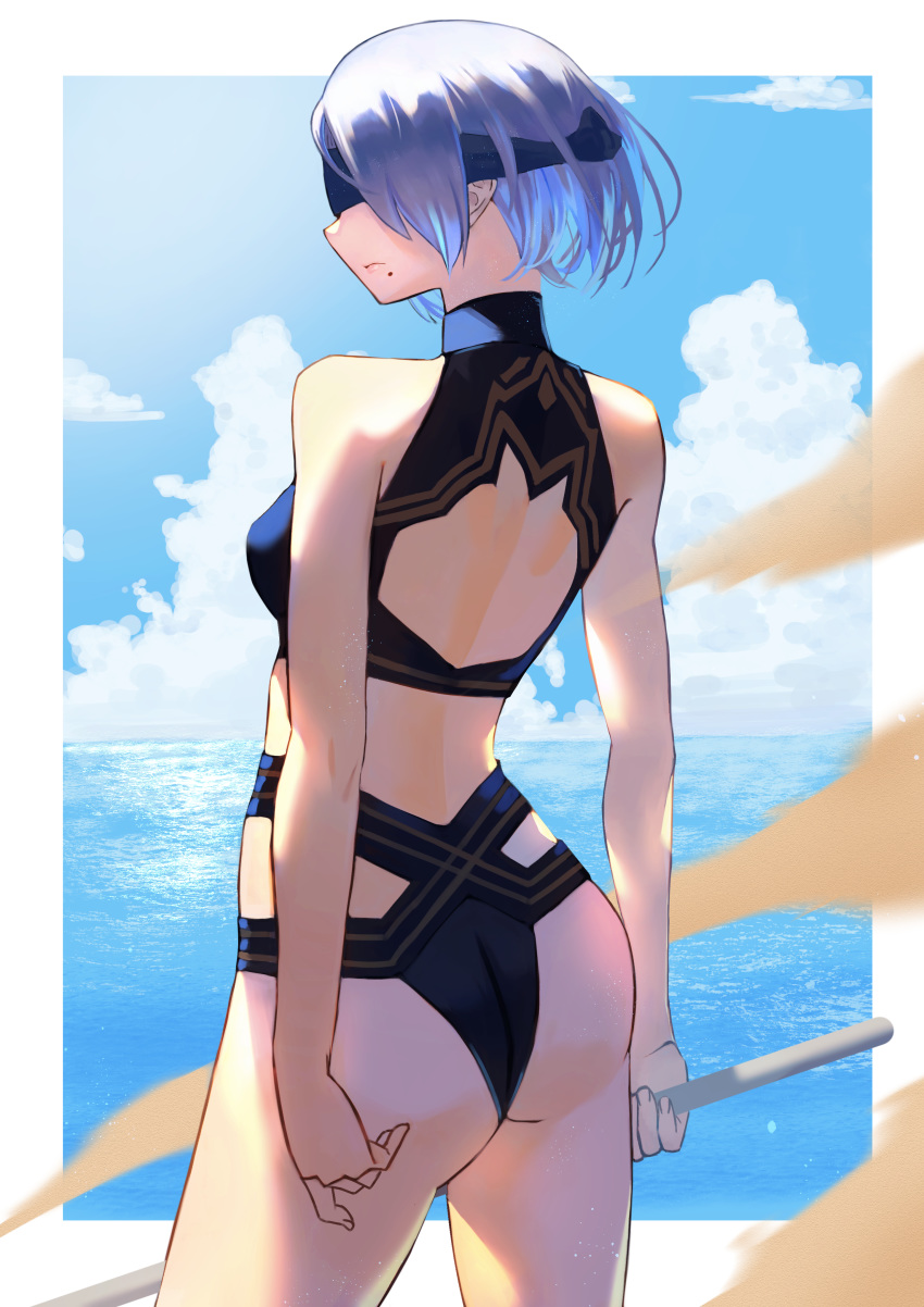 1girl, absurdres, adapted_costume, ass, back_cutout, black_blindfold, black_swimsuit, blindfold