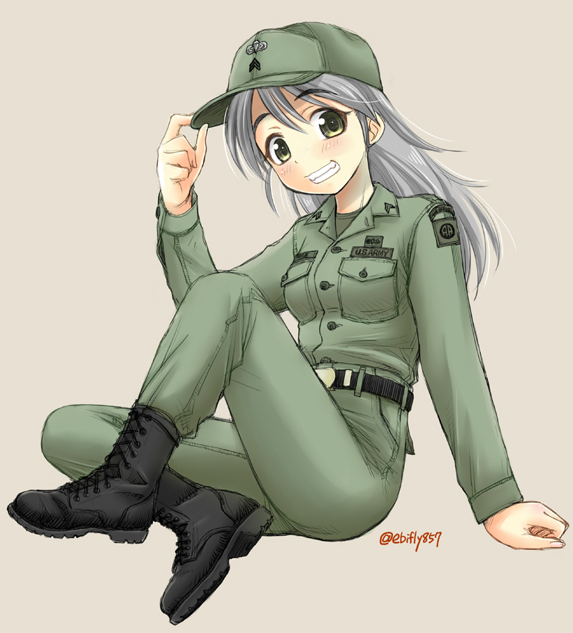 1girl, 82nd_airborne, adjusting_clothes, adjusting_hat, boots, brown_background, brown_eyes, combat_boots