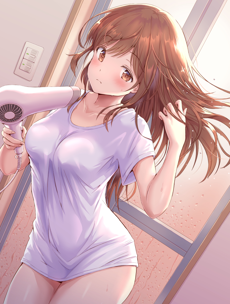 1girl, bangs, blush, breasts, brown_eyes, brown_hair, closed_mouth, collarbone