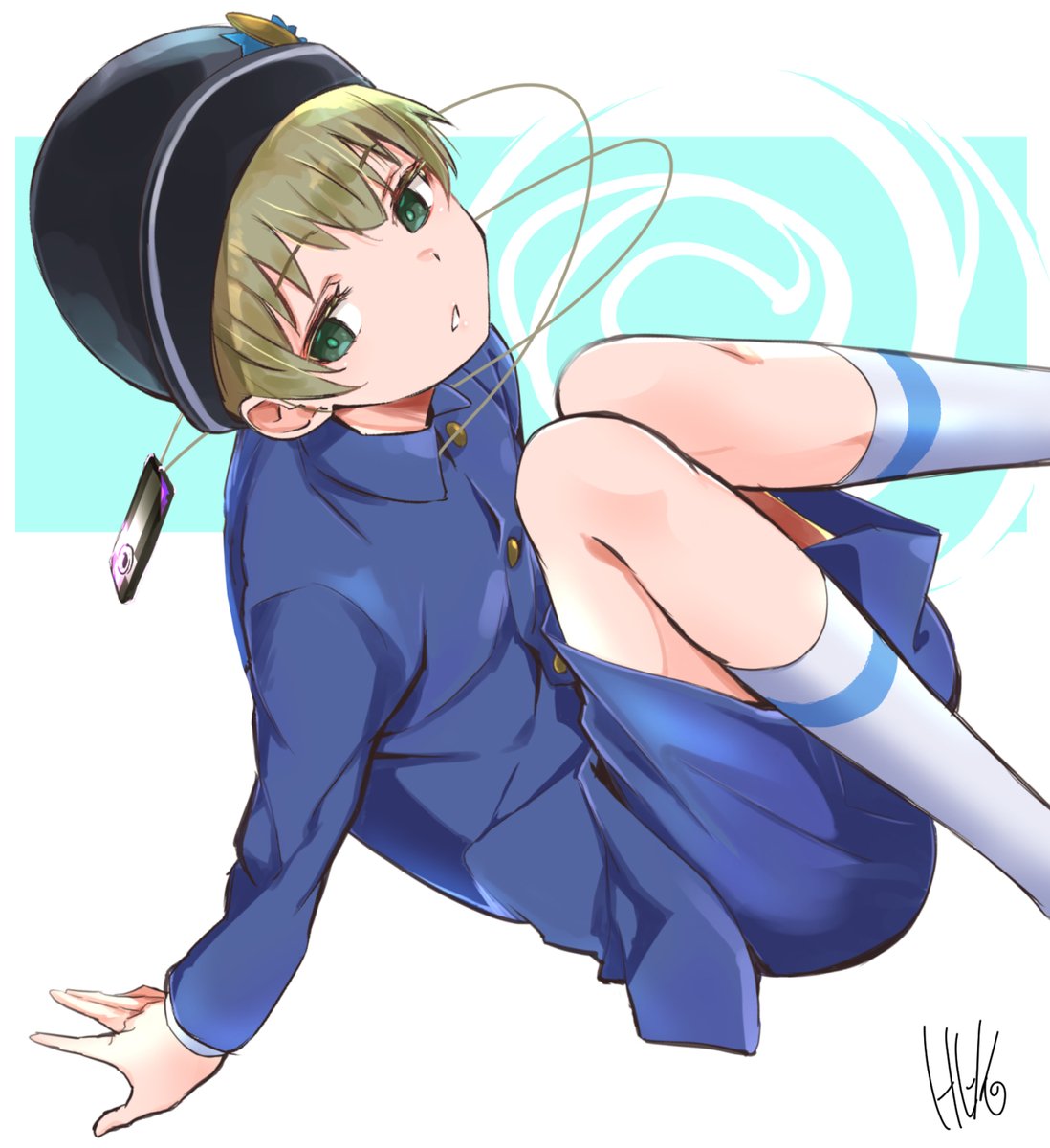 1boy, blonde_hair, buttons, cable, camera, collared_jacket, green_eyes, hand_on_ground, hat, hat_ornament, highres, legs_up, looking_to_the_side, miyama_shaei, raised, school_uniform, short_hair, shorts, signature, simple_background, socks, to_aru_kagaku_no_railgun, to_aru_majutsu_no_index, toru_k, white_legwear