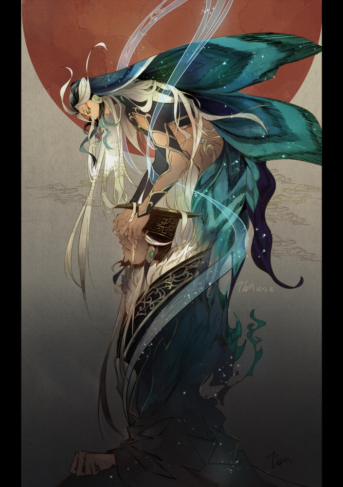 2boys, ahoge, beard, black_hair, butterfly_wings, character_request, chinese_clothes, dual_persona