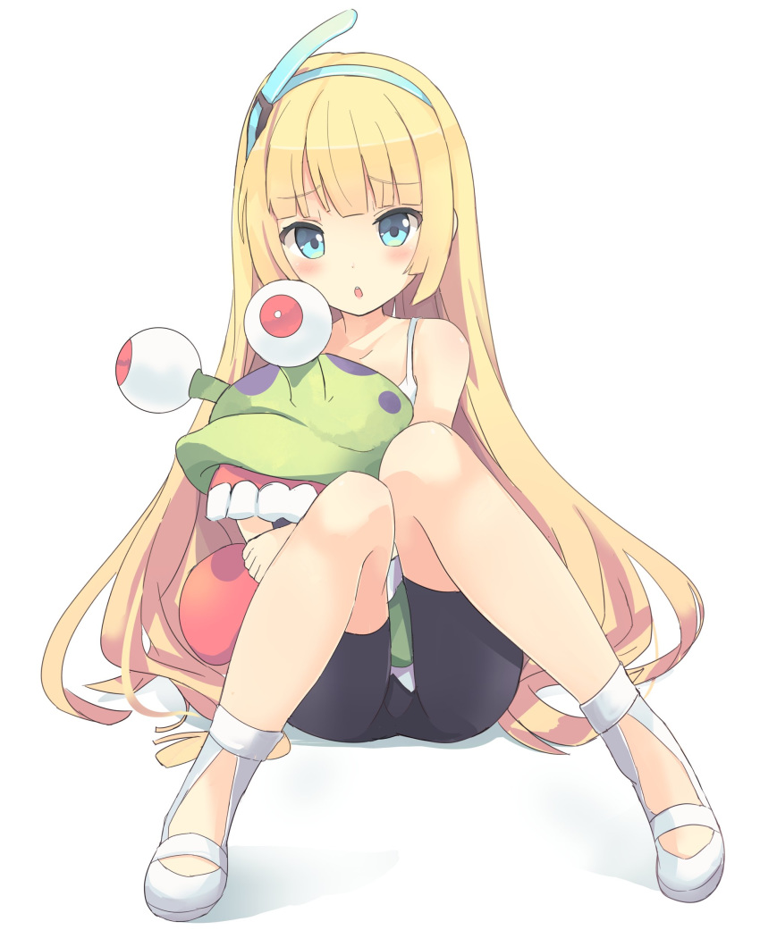 1girl, 1other, absurdres, ass, bike_shorts, black_shorts, blonde_hair, blue_eyes