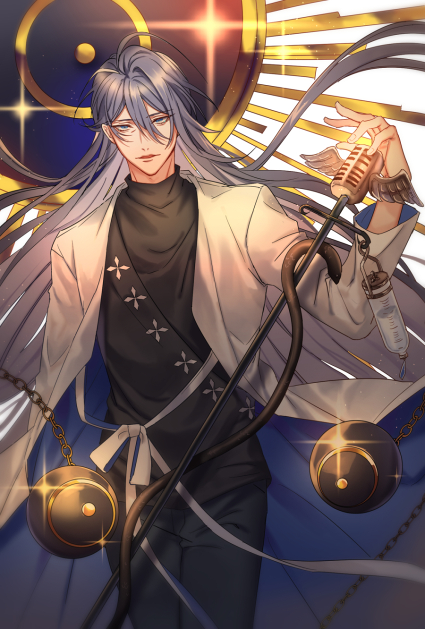 1boy, blue_eyes, grey_hair, highres, holding, holding_microphone, hypnosis_mic, intravenous_drip, jacket, jinguuji_jakurai, long_hair, looking_at_viewer, male_focus, microphone, microphone_stand, rukall, shirt, smile, solo, sweater, turtleneck, turtleneck_sweater, wings