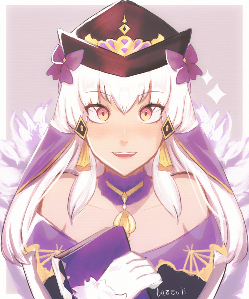 1girl, absurdres, bow, fire_emblem, fire_emblem:_three_houses, fire_emblem_heroes, gloves, hair_ornament, hat, highres, lazeuli, long_hair, lysithea_von_ordelia, open_mouth, pink_eyes, simple_background, solo, upper_body, white_gloves, white_hair