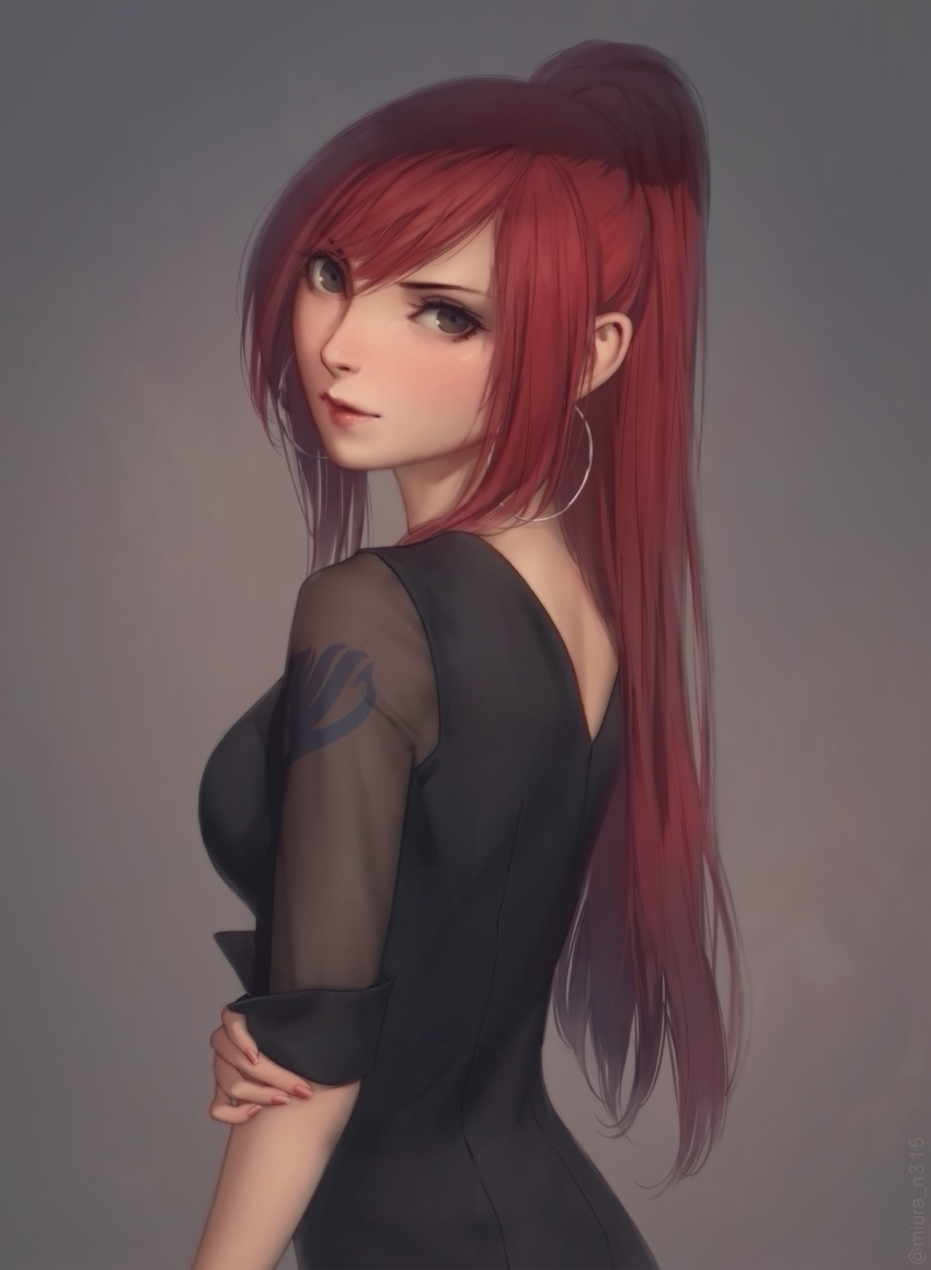 >:), 1girl, black_dress, breasts, brown_background, brown_eyes, closed_mouth, cowboy_shot, dress, earrings, erza_scarlet, fairy_tail, gradient, gradient_background, highres, hoop_earrings, jewelry, long_hair, looking_at_viewer, medium_breasts, miura-n315, ponytail, red_lips, redhead, see-through, short_sleeves, sleeping, sleeping_with_eyes_open, smile, solo, strapless, strapless_dress, v-shaped_eyebrows