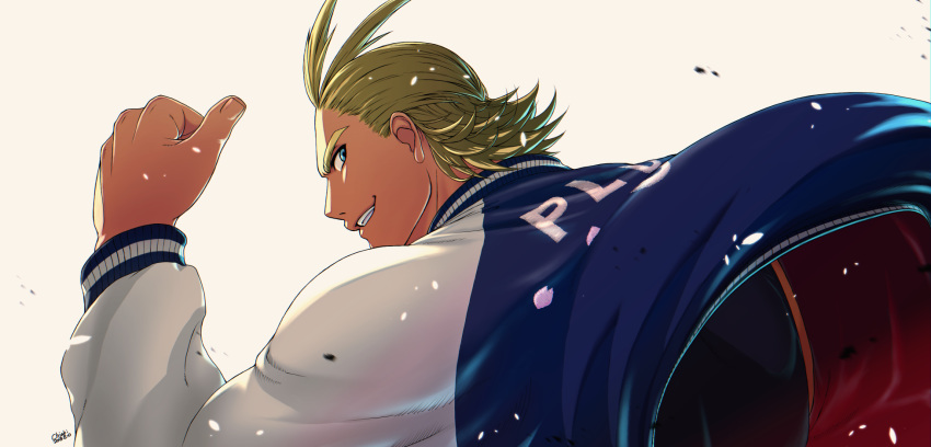 1boy, antenna_hair, blonde_hair, boku_no_hero_academia, chiakikor, graphite_(medium), grin, highres, jacket, looking_at_viewer, looking_back, male_focus, simple_background, smile, solo, sportswear, teeth, thumbs_up, traditional_media, white_background, yagi_toshinori, younger