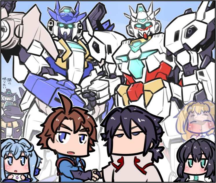 2boys, 3girls, annoyed, black_eyes, black_hair, blonde_hair, blue_eyes, blue_hair