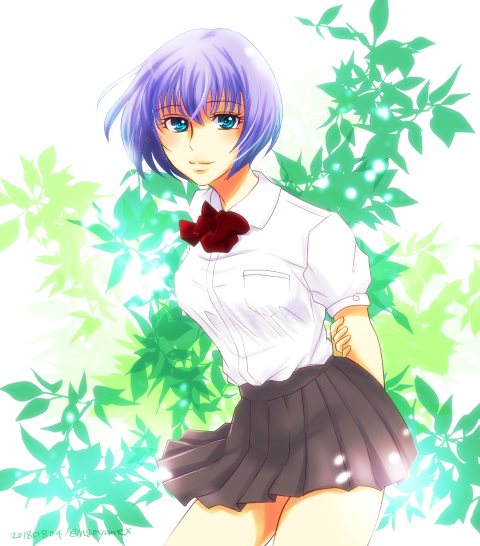 1girl, arm_behind_back, artist_name, blue_eyes, blue_hair, bow, cowboy_shot, dated