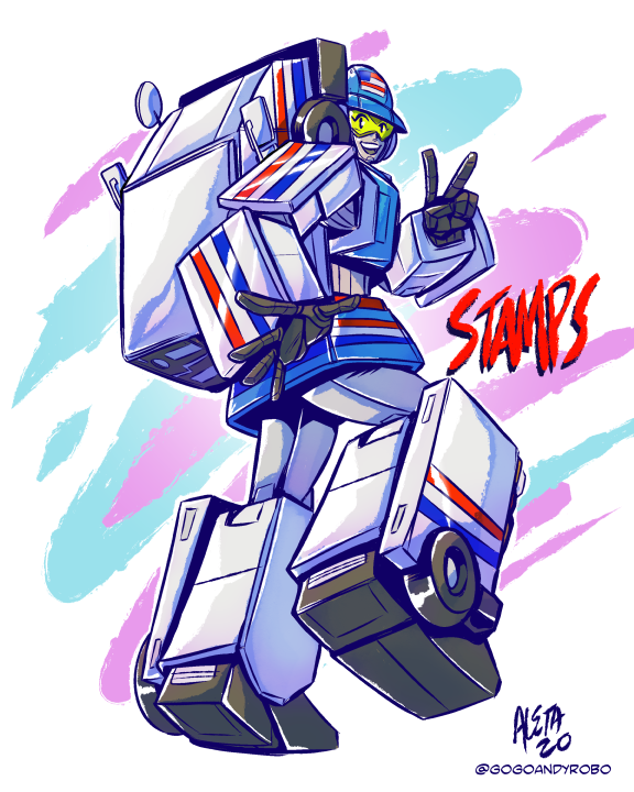 american_flag, black_eyes, english_commentary, looking_back, no_humans, open_hand, open_mouth, original, rockmanzallz, smile, transformers, united_states_postal_service, v, visor