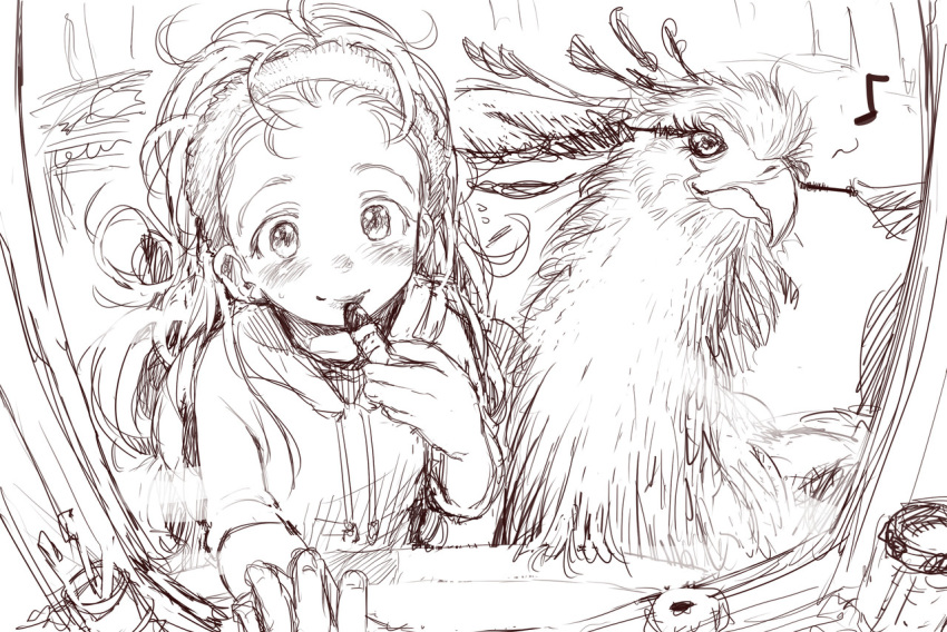 1girl, applying_makeup, bird, blush, brown_theme, closed_mouth, haguhagu_(rinjuu_circus), hairband