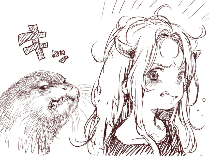 1girl, angry, blush, bosako_(haguhagu), brown_theme, clenched_teeth, emphasis_lines, haguhagu_(rinjuu_circus), horns, long_hair, looking_at_viewer, monochrome, original, otter, solo, teeth, white_background