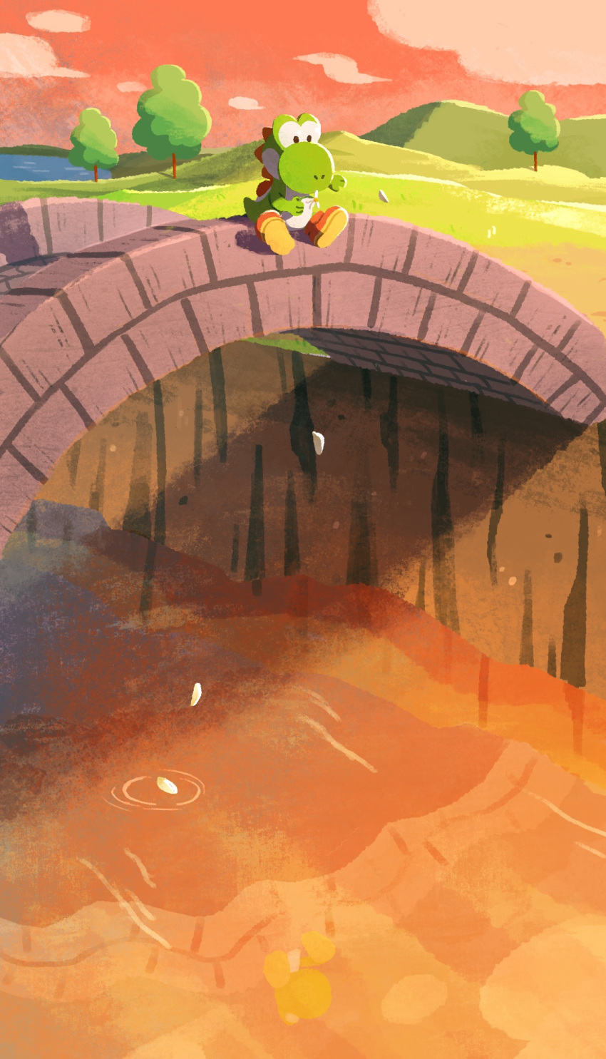 bridge, brown_footwear, clouds, commentary_request, dusk, falling, flower, grass