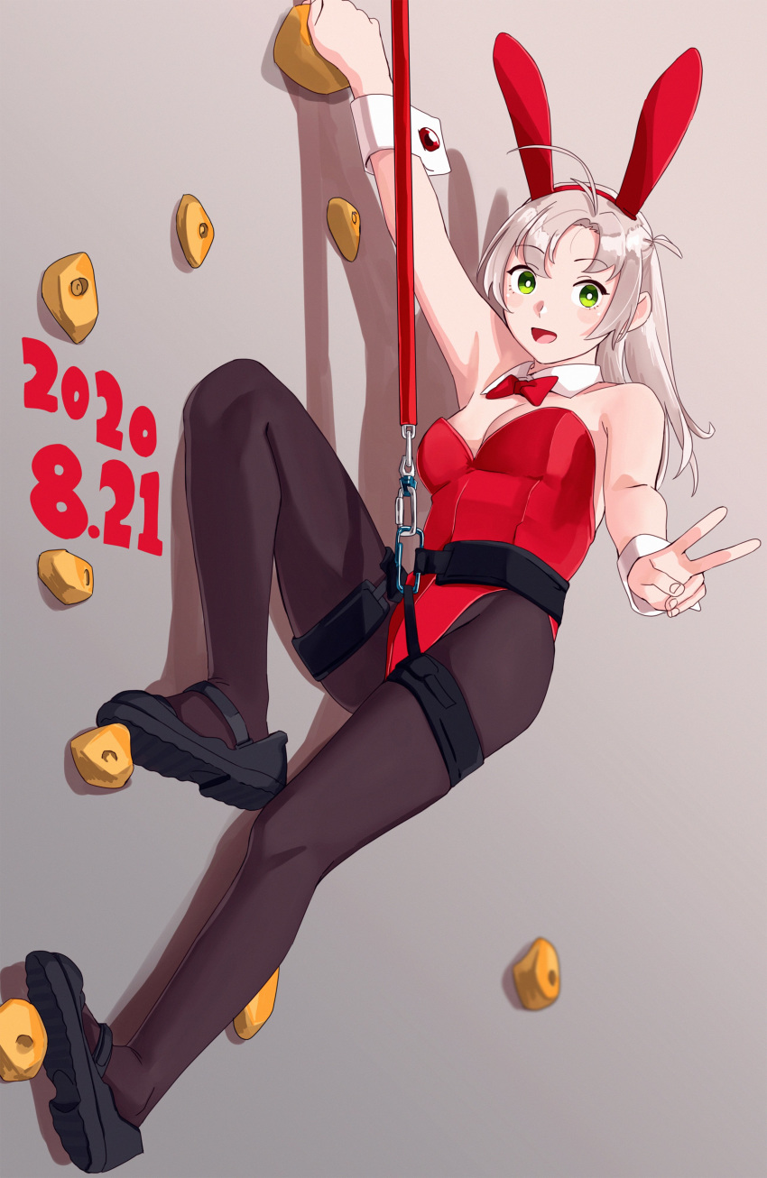 1girl, absurdres, animal_ears, antenna_hair, bouldering, bow, bowtie, bunnysuit, climbing_wall, commentary_request, detached_collar, full_body, green_eyes, grey_hair, highres, kantai_collection, kinugasa_(kantai_collection), leotard, medium_hair, ojipon, one_side_up, pantyhose, rabbit_ears, rappelling, red_leotard, red_neckwear, remodel_(kantai_collection), rope, smile, solo, strapless, strapless_leotard, wrist_cuffs