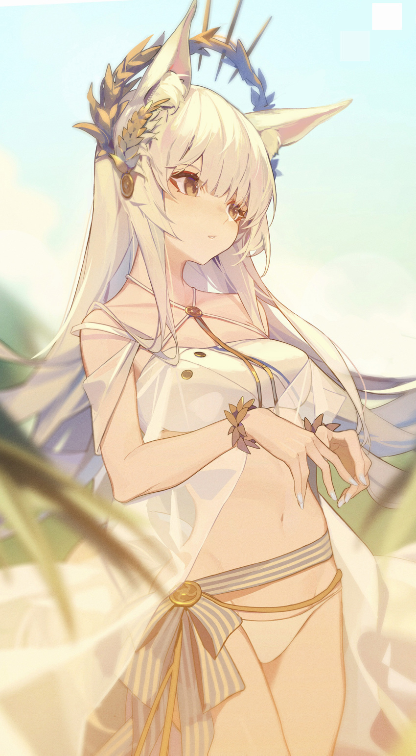 1girl, absurdres, animal_ear_fluff, animal_ears, arknights, bandeau, bangs, bare_arms