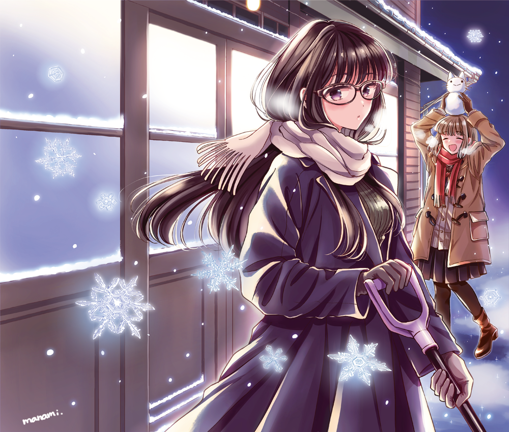 2girls, arms_up, bangs, black-framed_eyewear, black_gloves, black_hair, black_legwear, black_skirt