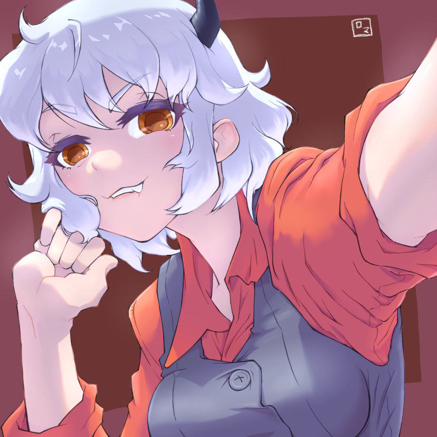 1girl, bangs, biting, black_horns, black_vest, breasts, brown_eyes, close-up