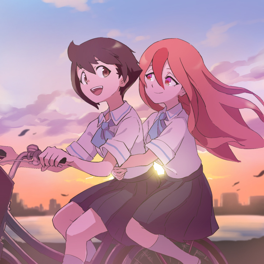 2girls, :d, bicycle, brand_new_animal, brown_eyes, brown_hair, building, clouds