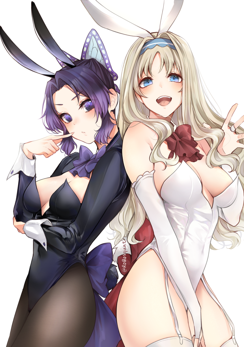 2girls, :d, animal_ears, bare_shoulders, black_legwear, blonde_hair, blue_eyes, blush