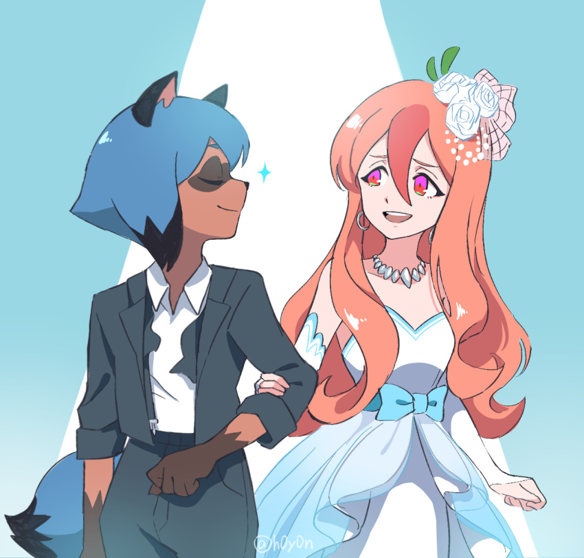 2girls, animal_ears, bare_shoulders, black_jacket, blazer, brand_new_animal, closed_eyes, closed_mouth