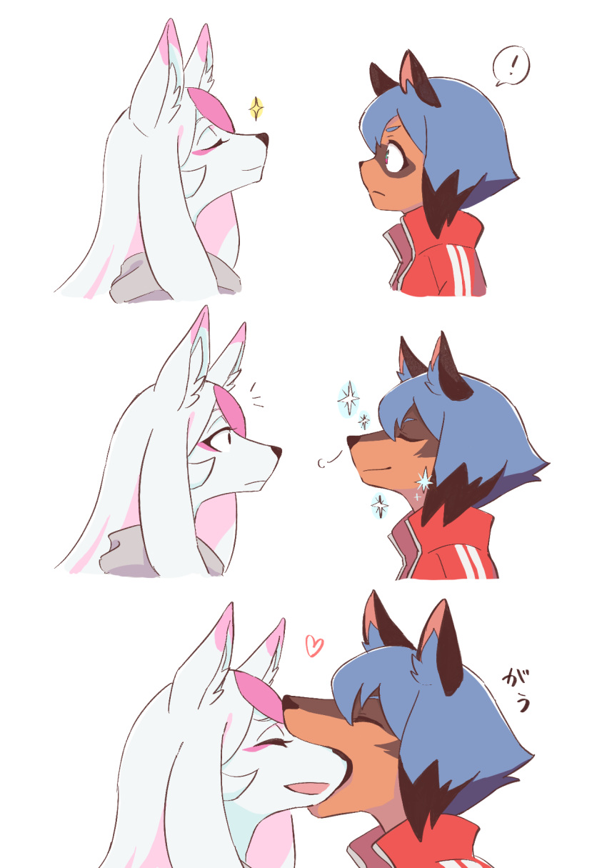 !, 2girls, animal_ears, blue_hair, brand_new_animal, closed_mouth, furry, green_eyes