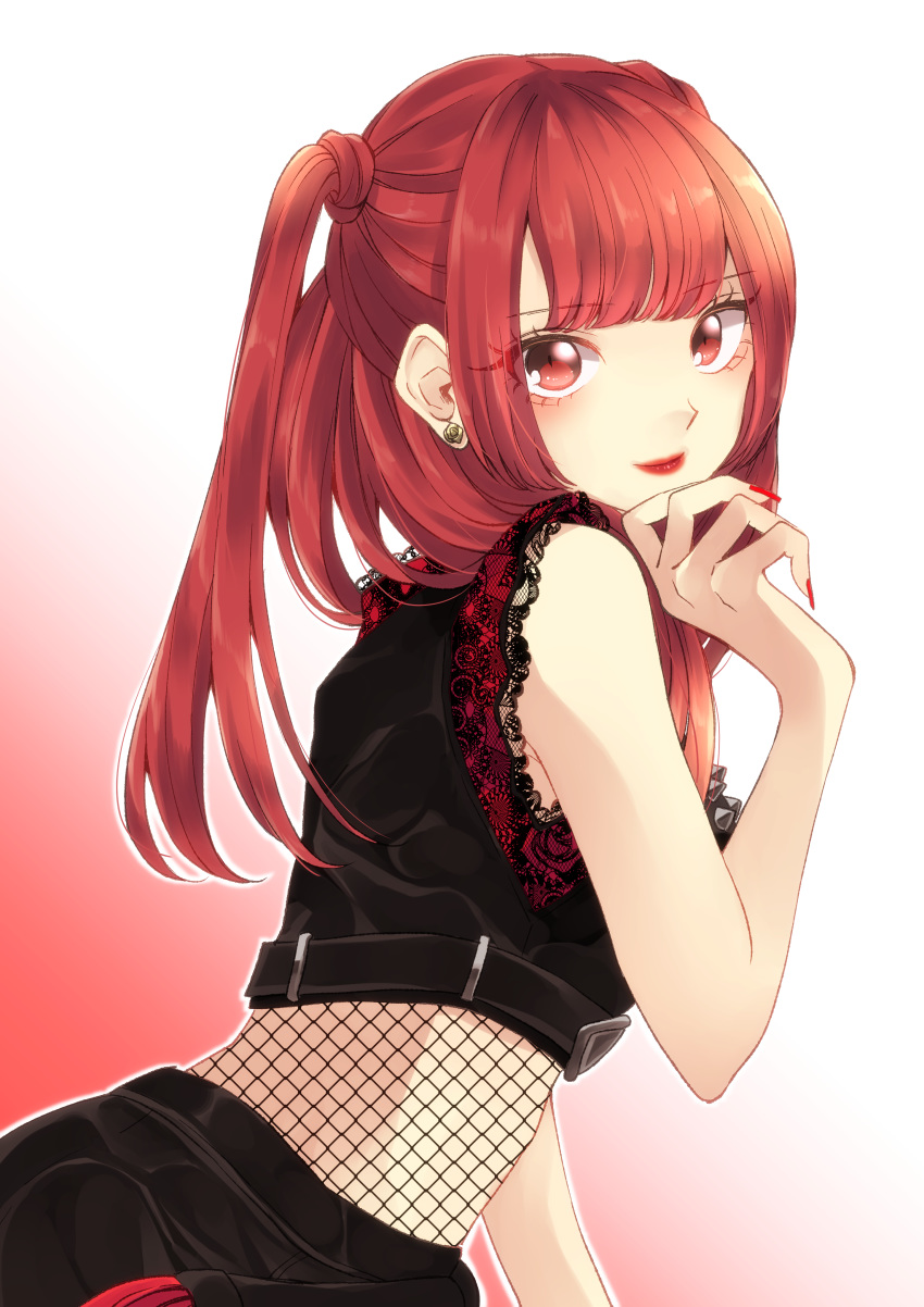 1girl, absurdres, aizome_karen, bangs, eyebrows_visible_through_hair, hand_on_own_chin, highres, long_hair, looking_at_viewer, real_life, red_eyes, red_lips, red_nails, redhead, shiroganeyoru, solo, zoc